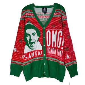 ELF Mens Ugly Christmas Cardigan Sweater XL OMG Santa I Know Him